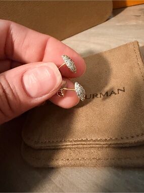 David Yurman Gold Marquise Pavé Stud Earrings with White Stones